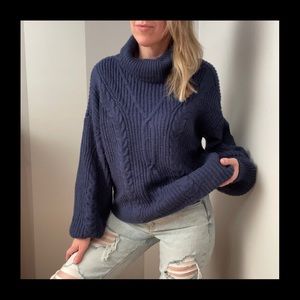 Comfy Warm Navy Blue Cable Knit Turtleneck Sweater